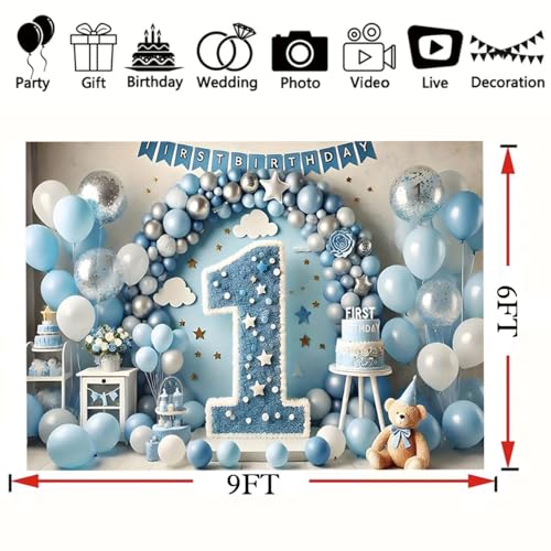 1st Happy Birthday Backdrop Blue Balloons Clouds Large Number 1 Text Design Newborn Boy Girl Birthday Party Decoration One Year Old Kids Cake Smash Decoration Studio Photo Props (A, 9X6FT) - color: A, size: 9X6FT