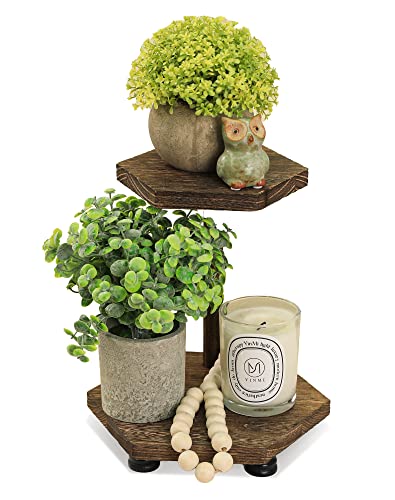 Tikea Hexagonal Wood Riser for Display, 2-Tier Rustic Wood Farmhouse Riser for Kitchen Bathroom Counter Decor, Decorative Tray for Soap Dispenser, Decorations and Plant (Brown)