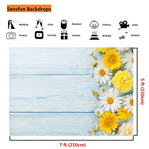 Sensfun 7x5ft Blue Wood Photography Backdrops Spring Theme Yellow White Daisy Flowers on Light Wood Plank Photo Background for Bridal Shower Birthday Party Children Photoshoot Studio Props(WP094) - color: WP094, size: 7x5ft