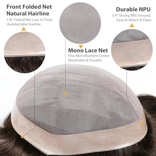Mens Hairpieces Toupee for men Human Hair Durable Mono Lace With NPU 6x8 Inch Color 2# Replacement System Natural Hairline Hair System for Men Strong Hold Mens Toupee For Thinning Hair - color: 2# dark brown - Mono NPU, size: 6x8 Inch