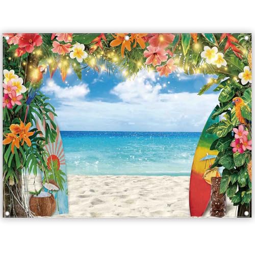 8x6ft Fabric Summer Hawaiian Beach Photography Backdrop Tropical Flower Palm Leaves Surfboard Background Aloha Luau Decorations Photo Banner - size: 8'x6'