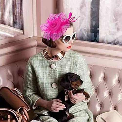 Fascinators Hats with Gloves Set for Women 20s 50s Cocktail Tea Party Wedding Costume Headwear - color: 02 Hot Pink