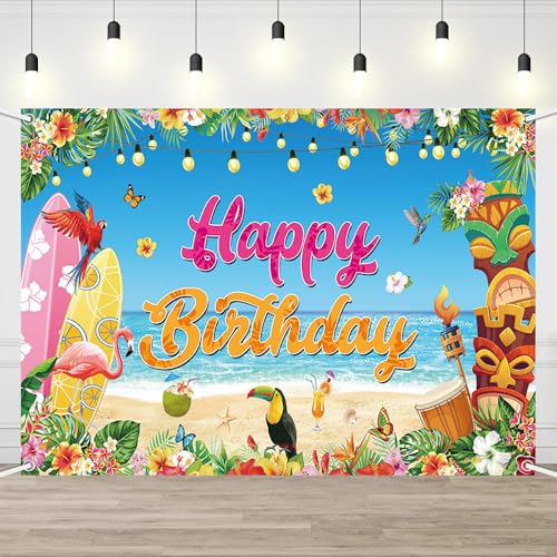 AIBIIN Hawaiian Birthday Backdrop Summer Aloha Happy Birthday Decorations Tropical Beach Party Banner Tiki Surfboard Pool Party Photo Booth Props 8x6ft - color: Happy Birthday, size: 8x6ft