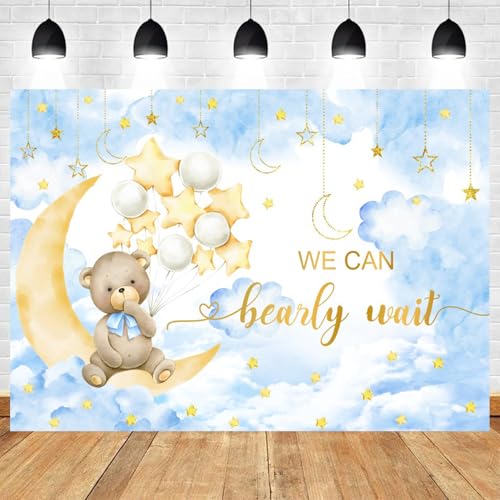 7x5ft Baby Shower Backdrop We Can Bearly Wait Photography Background Bear White Balloons Blue Clouds Moon Stars Cartoon Banner Decorations Birthday Party Newborn Portrait Photo Booth Prop - color: color 5, size: 7x5ft