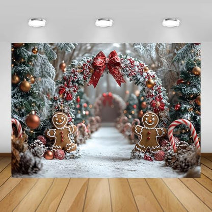 AIBIIN 8x6ft Winter Christmas Gingerbread Man Backdrop Snowy Christmas Tree Arch with Candy Canes and Red Bows Photo Background Holiday Winter Wonderland Birthday Party Baby Shower Vinyl Studio Prop - color: Gingerbread Man, size: 8x6ft
