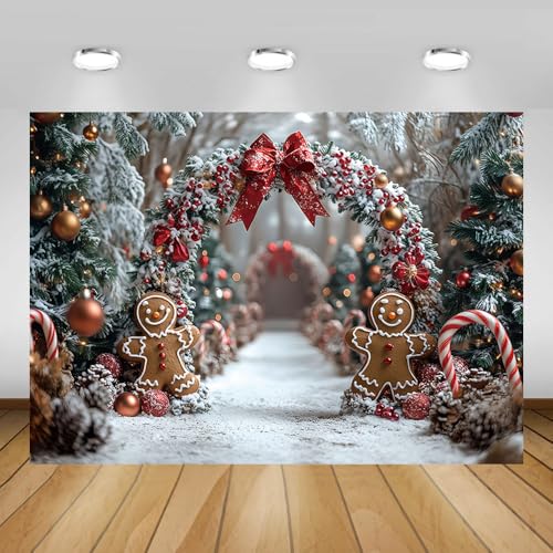 AIBIIN 8x6ft Winter Christmas Gingerbread Man Backdrop Snowy Christmas Tree Arch with Candy Canes and Red Bows Photo Background Holiday Winter Wonderland Birthday Party Baby Shower Vinyl Studio Prop - color: Gingerbread Man, size: 8x6ft