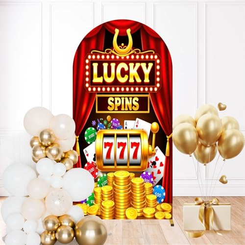 6FT Wedding Arch Backdrop Cover Casino Chips Gold Coins Red Curtain Jackpot Slot Machine Lucky Sevens Spandex Fitted Round Top Backdrop Stand Cover for Ceremony Banquet Birthday Party Decoration - color: Color10, size: 6ft X 2.6ft