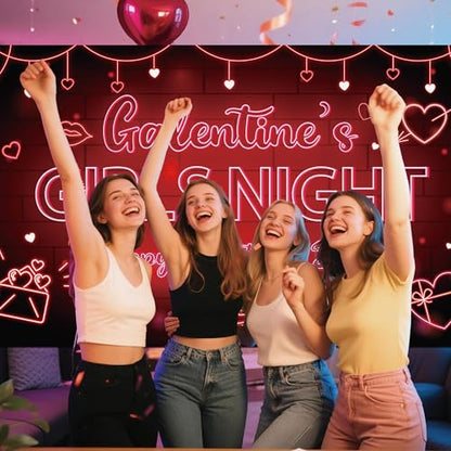 Galentine's Girls Night Backdrop Banner - Happy Galentine's Day Banner Photography Background Black Red Neon Girls Theme Party Banner for Ladies Valentines Day Party Decorations Photo Booth Props