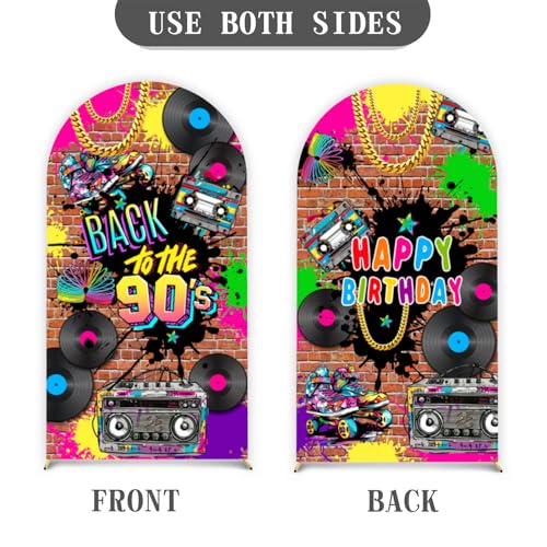 90'S Arch Backdrop Stand Cover 7.2ft Hip Hop Graffiti Brick Wall Retro Radio Fashion Birthday Photography Background Back to Party Arch Cover Fabric 2-Sided Round Top Backdrop Covers - color: 90's, size: 7.2FT