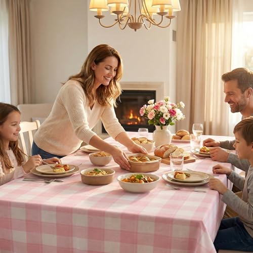 Waterproof Gingham Tablecloth Rectangle 95x55 Inch Cotton Checkered Table Cloth Buffalo Plaid Yarn Dyed Washable Table Cover for Easter Picnic Kitchen Dinner Outdoor BBQ & Party, Pink and White - color: Gingham (Cotton Blend) - Pink, size: 95" x 55" (Rect