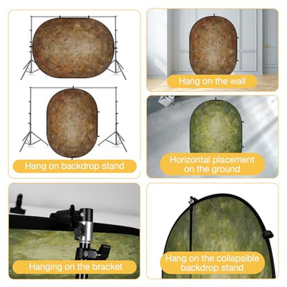 Kate 5x6.5ft(1.5x2m) Collapsible Backdrop Brown Green Texture Pop up Reversible Portrait Photography Backgrounds for Video Meetings