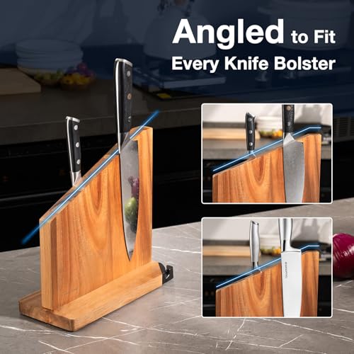 Gourmetop Magnetic Knife Holder with Built-in Sharpener, 100% Acacia Wood Magnetic Knife Block without Knives, Strong Double-Sided Magnetic Knife Holder for Kitchen Countertop Organization, Light Wood - color: Light Wood