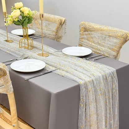 AerWo 10FT Gold Table Runner, Gold Foil Glitter Sheer Sequin Table Runners 120 Inches Long, Wedding Centerpiece Table Decorations for Party Supplies Birthday Bridal Baby Shower Christmas Home Decor - size: 1 Piece, style: Gold