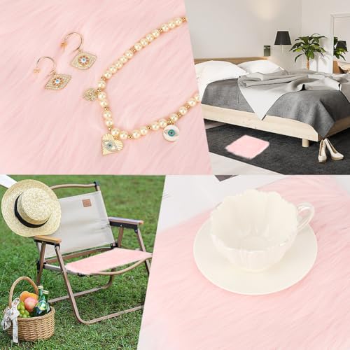 CREATCABIN 2 Packs Small Square Pink White Faux Fur Sheepskin Cushion Fluffy Plush Area Rug Small Product Photo Background 12’’ Luxury Photo Props for Tabletop Photography Jewelry Nail Art Home Decor - style: Pink & White