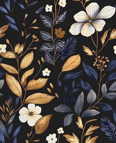Laatse Blue/Gold Leaf Wallpaper Peel and Stick Vintage Dark Floral Wallpaper Waterproof Self Adhesive Removable Boho Wall Paper Modern for Bedroom Walls Drawer Cabinet 17.5in x118in - color: Blue&Black, size: 118" x 17.5"