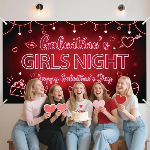 Galentine's Girls Night Backdrop Banner - Happy Galentine's Day Banner Photography Background Black Red Neon Girls Theme Party Banner for Ladies Valentines Day Party Decorations Photo Booth Props