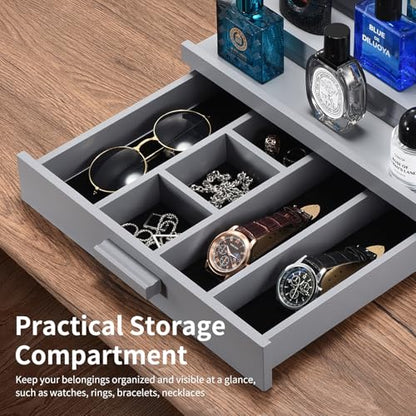 Perfume Organizer for Men, 4 Tier Wood Perfume Display Stand with Velvet Lining Drawer and Hidden Compartment for Watch,Jewelry,Perfume Display Risers,A Gift for Men (Gray) - style: 4 Tier - Grey