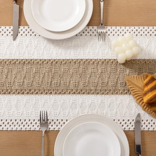 Socomi Boho Table Runner Summer Farmhouse Rustic Dining Kitchen Centerpiece Decor Small Macrame Woven Cotton Linen Coffee Table Runner for Dresser Scarf Home Decor 12x36 inch - color: Brown & Ivory, size: 12" X 36"