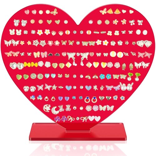 NiHome Heart-Shaped Acrylic Earring Holder Stand for Studs & Dangles, Romantic Jewelry Organizer for All Ages, Vanity Dresser or Boutique Decorative Display Holds 75-80 Pairs with 171 Holes (Red) - color: Red