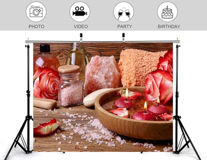 7x7ft Rose Petal Spa Backdrop with Pink Bath Bombs and Red Candles Photography Background for Skincare Relaxation and Romantic Party Decorations Banner Photo Booth Props - size: 7x7ft