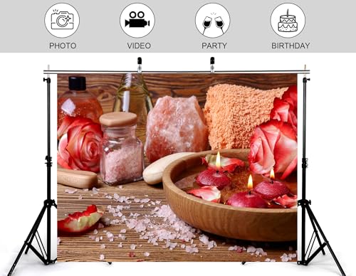 5x4ft Rose Petal Spa Backdrop with Pink Bath Bombs and Red Candles Photography Background for Skincare Relaxation and Romantic Party Decorations Banner Photo Booth Props - size: 5x4ft
