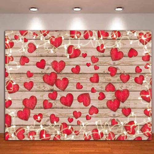 HQM 9X6FT Vintage Rustic Wood Glitter Glow Red Love Heart Valentine's Day Theme Photography Backdrop Wedding Anniversary Bridal Shower Mother's Day Photo Background Couple Studio Shoot Props Supplies - size: 9X6 FT