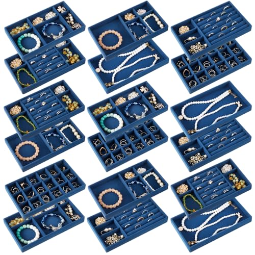 Junkin 18 Pcs Velvet Jewelry Tray, Stackable Jewelry Organizer Trays for Drawer, Jewellery Box Divided Display Tray, Jewelry Inserts for Drawer for Rings Earring Bangle Necklaces(Peacock Blue) - color: Peacock Blue