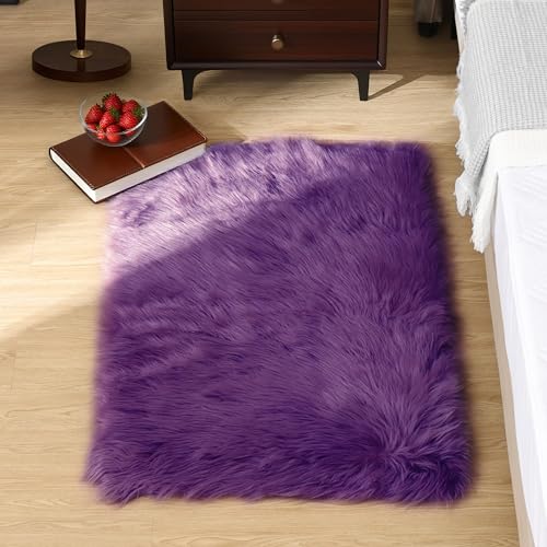 Goolela Purple Fluffy Faux Sheepskin Fur Rug Purple Fuzzy Furry Bedside Rug 2x3 for Bedroom Dorm Small Room Decor Carpet Washable Rectangle - color: Purple, size: 2' x 3' (Rectangular)