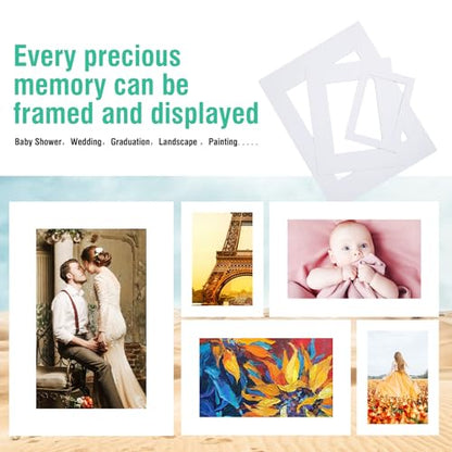 Falling in Art Acid Free 8x10 Pre-Cut Picture Mat Board Kit for 5x7 Photo, Includes 50 White Core Bevel Cut Mattes, 50 Backing Boards, 50 Crystal Clear Bags - size: 10"L x 8"W