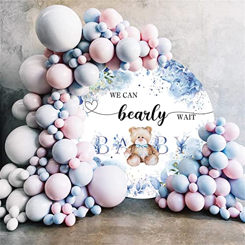 Baby Shower Party Round Backdrop Cover 5x5ft Polyester We Can Bearly Wait Baby Photography Background Doll Bear Watercolor Blue Floral Leaves Kids Boys Portrait Cake Table Photo Booth Props - color: Blue02, size: 5x5ft-Diameter