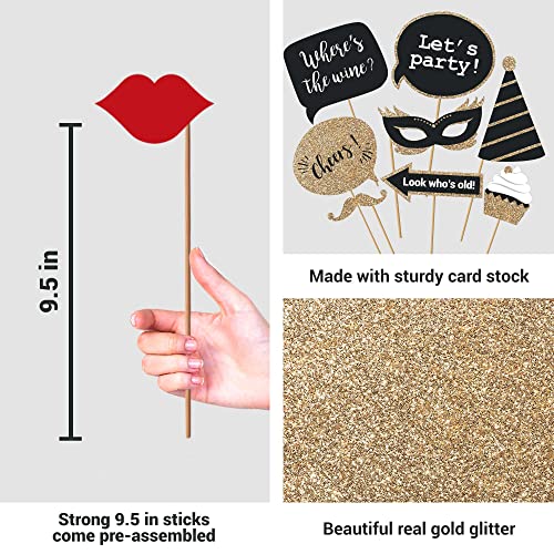 Fully Assembled Birthday Photo Booth Props. 30 Piece Box Set of Black & Gold Selfie Party Supplies and Decorations Kit with Real Glitter - Cute Bday Designs for Women - Did We Mention No DIY