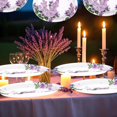 50 Pcs Lilac Oval Paper Plates Large 10" x 12" Purple Floral Plates Disposable Heavy Duty Dinner Serving Platters for Spring Summer Purple Party Supplies Baby Shower Wedding Flower Party Decorations - style: 50Pcs Lilac Oval Plates