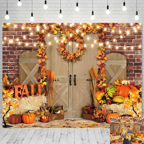Fall Thanksgiving Backdrop Fabric 10x8ft Autmn Pumpkin Rustic Barn Door Red Brick Wall Photo Background for Photography Fall Festival Birthday Baby Shower Decorations Studio Photo Booth Props - color: Fall Barn Door 01