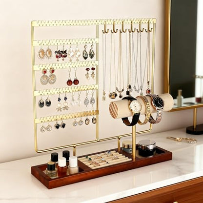 Ciormis Jewelry Stand Organizer, 5 Tier Jewlery Holder Towers Earring Display Rack with 72 Holes and 12 Hooks Necklace Hanger Tree for Necklace Bracelet Stud Earring Ring Women Mothers Gift (Gold) - color: Gold-new