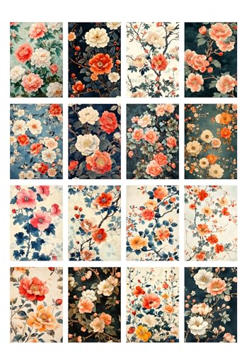 Decoupage Paper Pack (35 Sheets 6"x8") Blooming Petals: Vibrant Pink and Coral Flowers paired with Rustic, Faded Backgrounds Create a Nostalgic Floral ambiance FLONZ Vintage - color: Three