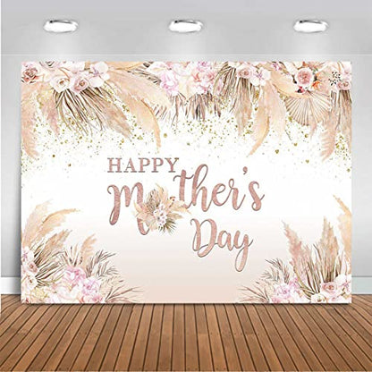 Mocsicka Happy Mother's Day Backdrop Boho Chic Pink Flowers Mothers Day Birthday Background for Women Bohemian Pampas Grass Mom's Day Party Cake Table Decorations Photo Booth (8x6ft) - size: 8x6ft