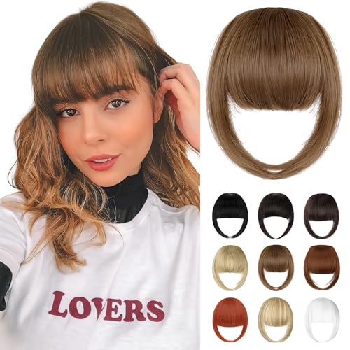 Bangs Hair Clip in Bangs, French Light Chestnut Brown Fake Bangs Hair Clip on Bangs for Women Fringe with Temples Hairpieces Faux Bangs for Daily Wear - color: Light Chestnut Brown