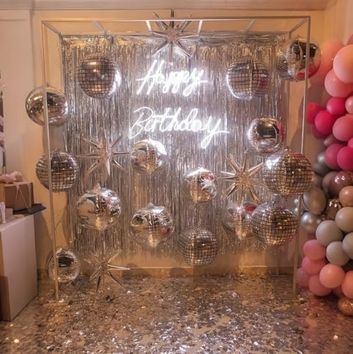 HILAVO 22 Inch Large 4D Metallic Silver Disco Ball Balloon with Explosion Star Foil Balloons for 70s 80s 90s Themed Party, Birthday, New Year, Graduation - color: Disco Ball Star