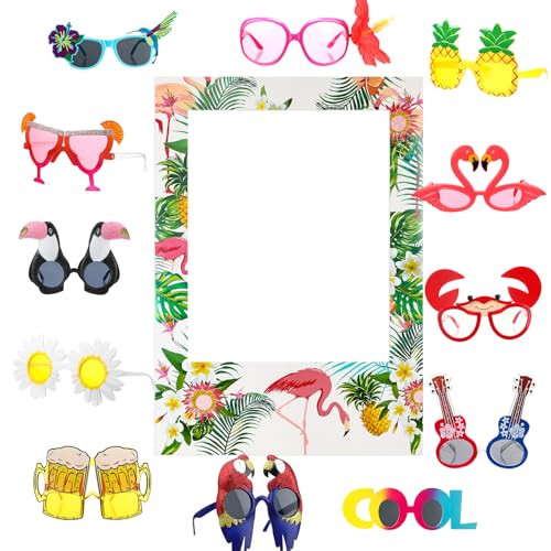 Relaxweex 13 Pcs Luau Photo Booth Props Hawaiian Party Decorations, 12 Pairs Beach Themed Funny Summer Glasses, 1 PC Summer Photo Frame, Tropical Party Supplies Favors(Flamingo Frame) - style: Flamingo Frame
