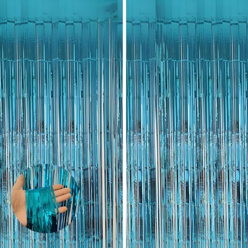Valentines Day 2 Pack 3.3 * 8.3 ft Foil Curtain Metallic Tinsel Fringe Curtains Photo Booth Props Backdrop for Birthday Wedding Engagement Baby Shower Christmas Holiday Celebration Partyl,Light Blue - color: Light Blue, size: 2 Pack
