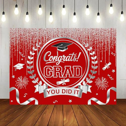 Graduation Backdrop Congrats Grad You Did It Party Decorations Background Congratulations Graduate Class of 2026 Banner Photo Booth Props (Red and Silver, 7x5ft) - color: Red and Silver