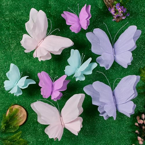 3D Hanging Butterfly Decorations, 8 Pcs Butterfly Birthday Party Decorations, Crepe Paper Butterfly Hanging Decorations for Girls, Women, Flower Garden Party Decorations - color: Purple Green Pink