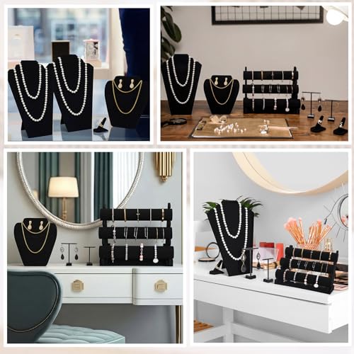Geelin 19 Pcs Velvet Jewelry Display Set for Flat Necklace Stand 3-tier Bracelet Stand Earrings Holder Ring Finger Holder(Classic)