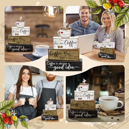 Moucuny 4 Pcs Wooden Coffee Bar Tabletop Decor Coffee Tiered Tray Decor Rustic Wood Bar Sign Gift Farmhouse Table Centerpiece Farmhouse Decorations for Home Kitchen - style: Coffee Bar