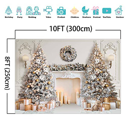 Mocsicka Classic Christmas Interior Room Photography Backdrop White Christmas Fireplace Photo Background Decorated Xmas Tree Family Kids Holiday Party Banner Decorations Photo Booth Props (10x8ft) - size: 10x8ft