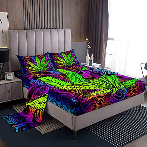 Erosebridal Bohemia Leaf Fitted Sheet Kids Boho Exotic Sheet Set Queen Size Vibrant Colorful Bed Sheet Exotic Fitted Sheet+1 Flat Sheet+2 Pillow Cases, 4 Pieces Bedding Set, Purple - color: Color 8, size: Queen