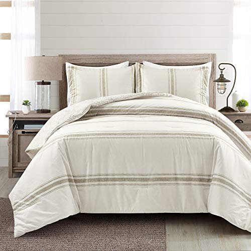 Lush Decor Farmhouse Stripe Reversible Cotton Comforter Set, 3 Piece Set, King, Neutral - Cozy Farmhouse Bedding Set - Rustic Decor - Striped Comforter - Modern Farmhouse Bedroom Decor - color: Neutral, size: King