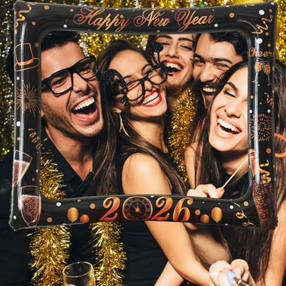 32PCS Funny New Year Photo Booth Props, Inflatable New Year Photo Booth Frame, Happy New Year Selfie Frame for New Year Party Supplies - color: Black New Year