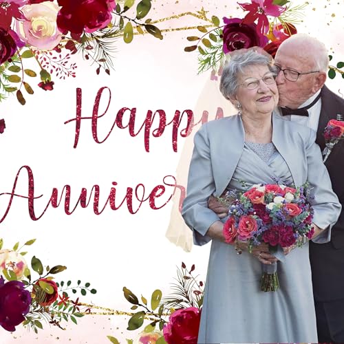 Happy Anniversary Backdrop 8Wx6H Feet Polyester Fabric Elegant Burgundy Floral Watercolor Rose Plant Green Leaves Gold Glitter Decoration Romantic Photography Background Photo Shoot Props - color: B-01Anniversary(Burgundy), size: 8Wx6H