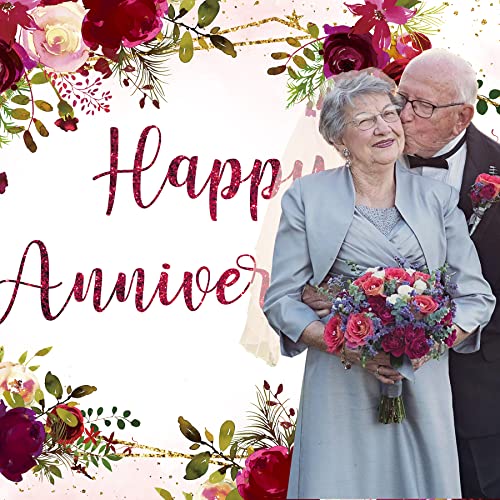 Happy Anniversary Backdrop 7Wx5H Feet Polyester Fabric Elegant Burgundy Flower Rose Plant Botanical Decoration Green Leaves Gold Glitter Photography Background Photo Shoot Props - color: B-01Anniversary(Burgundy), size: 7Wx5H
